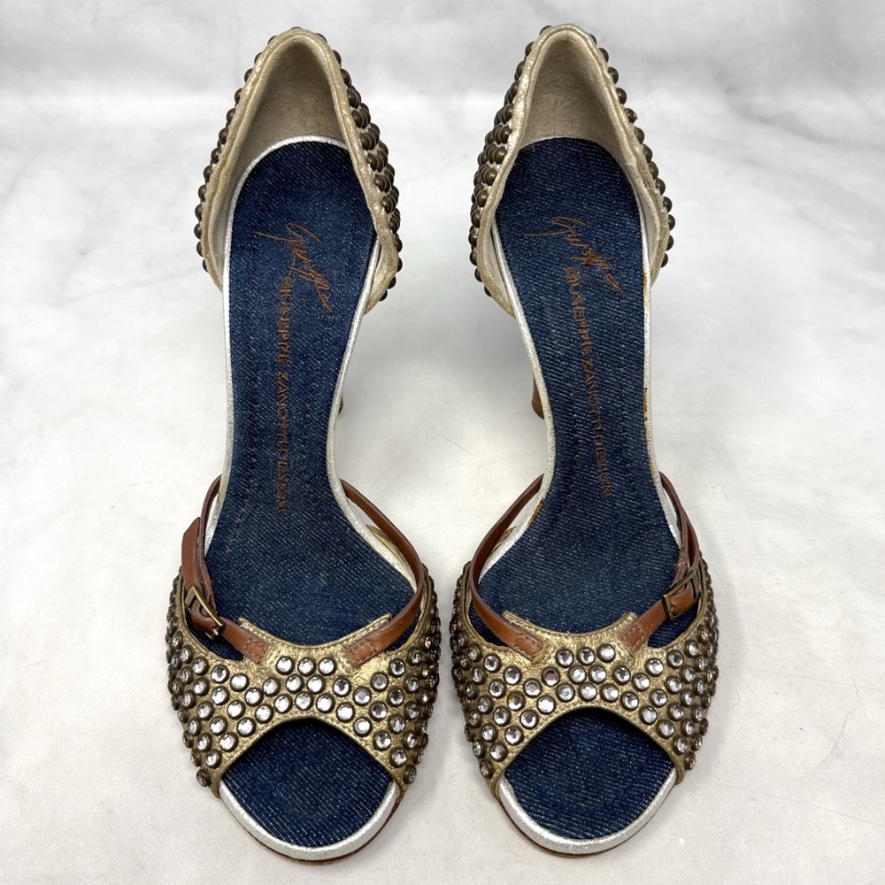 Giuseppe Zanotti Vicini Vintage Y2K Studded Leather Denim Block Heel Pumps 37